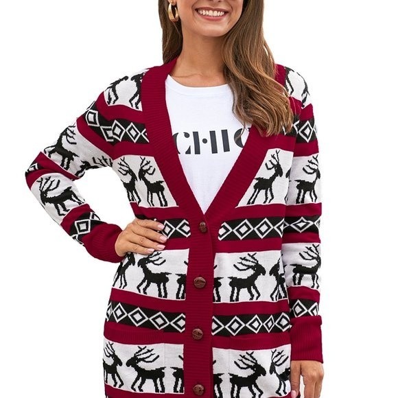 Red Christmas Elk Print Buttoned V Neck Knitted Sweater - Picture 8 of 11